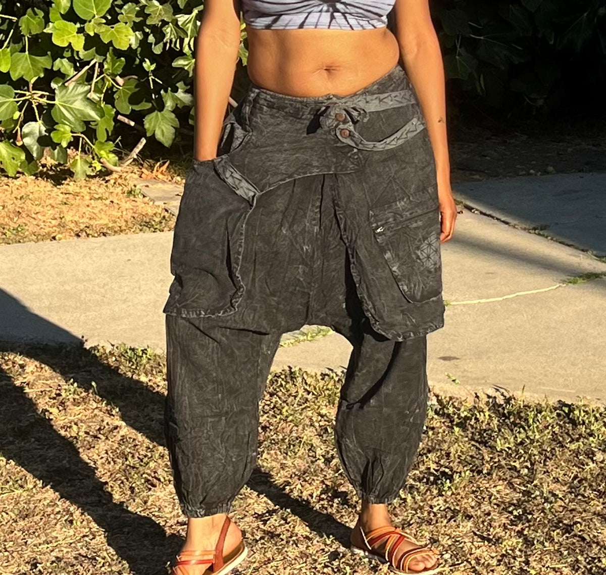 Black Acid Wash Drop-Crotch Pants | Drape Back Cotton Trousers