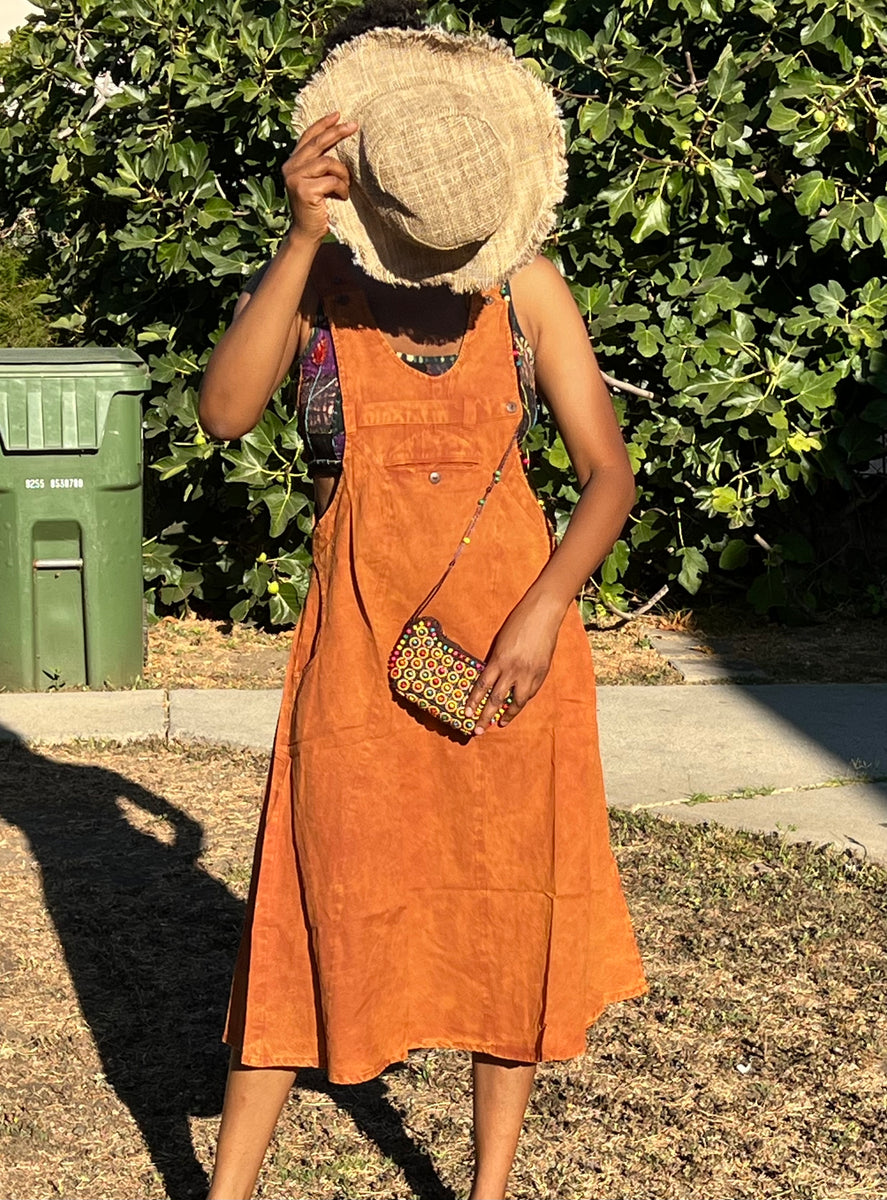 Handmade Burnt Orange Cotton Overall Dress – Flower Trip Drip Handmade Burnt Orange Cotton Overall Dress – Flower Trip Drip