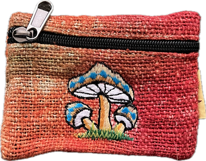 Front view of handmade cotton pouch in red to orange tie-dye gradient with embroidery