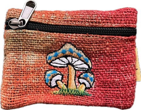 Front view of handmade cotton pouch in red to orange tie-dye gradient with embroidery