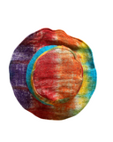Colorful woven hat with a circular design on a white background top view