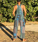 Back view of handmade blue patchwork cotton overalls