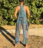 Back view of handmade blue patchwork cotton overalls