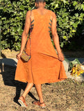 Back view of burnt orange cotton overall dress with midi length