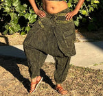 Front view of olive green drape back cotton pants with relaxed fit