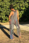 back view of handmade patchwork cotton overalls