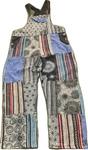 Flat lay front view of patchwork cotton overalls