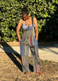 Front view of handmade patchwork cotton overalls worn outdoors