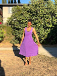Front view of handmade purple cotton overall dress