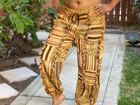Front view of handmade sunflower patchwork pants with relaxed fit