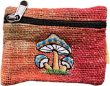 Front view of handmade tie-dye pouch in red to orange with embroidery