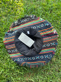 Inside view of patchwork bucket hat showing stitching and bottom detail